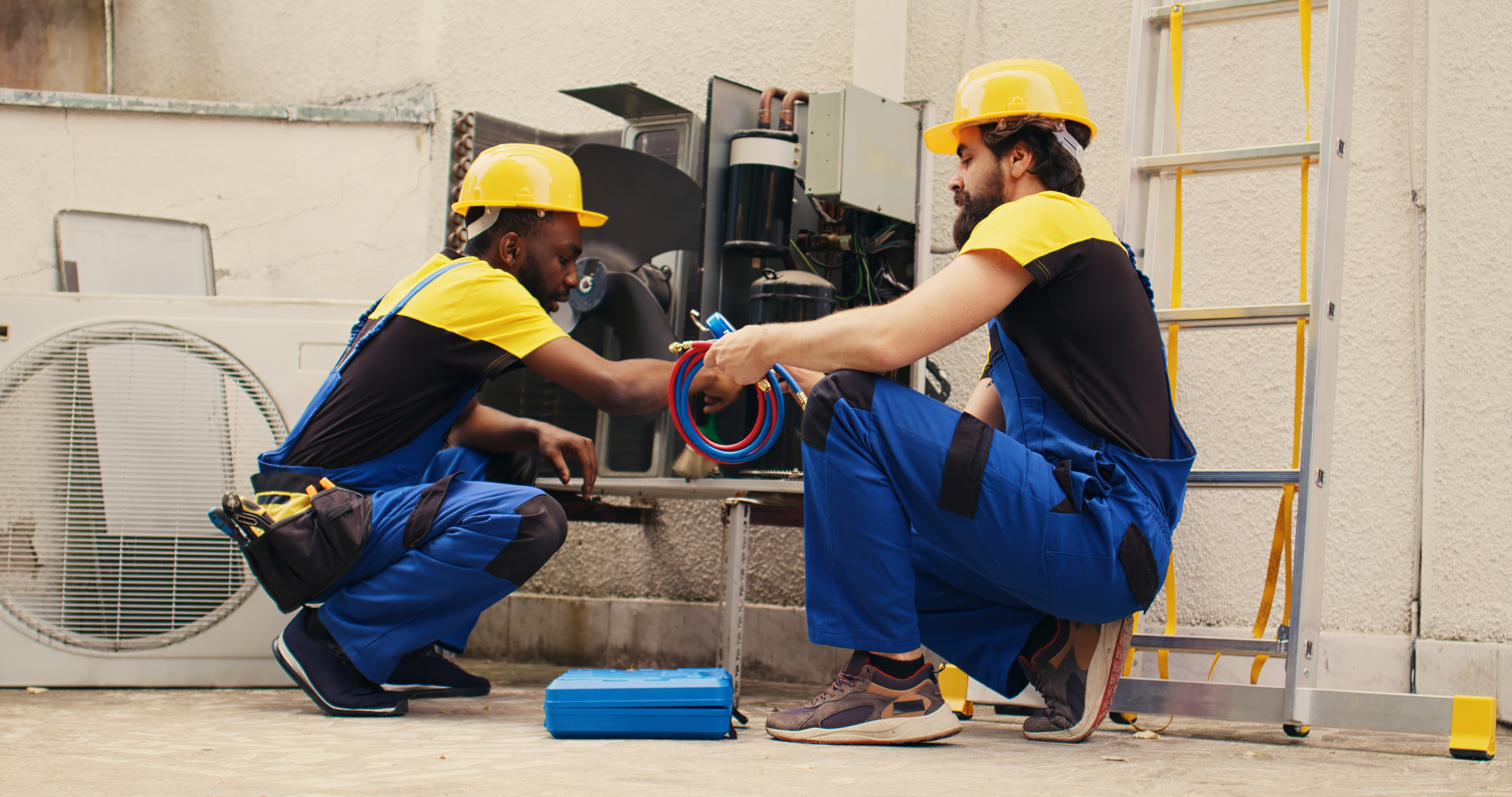 Grunwald Mechanical engineers inspecting commercial HVAC equipment in Omaha Nebraska